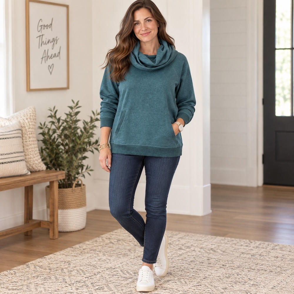 L.L. Bean Womens L Teal Cowl Neck Hoodie Cotton Blend Thumbholes Kangaroo Pocket
